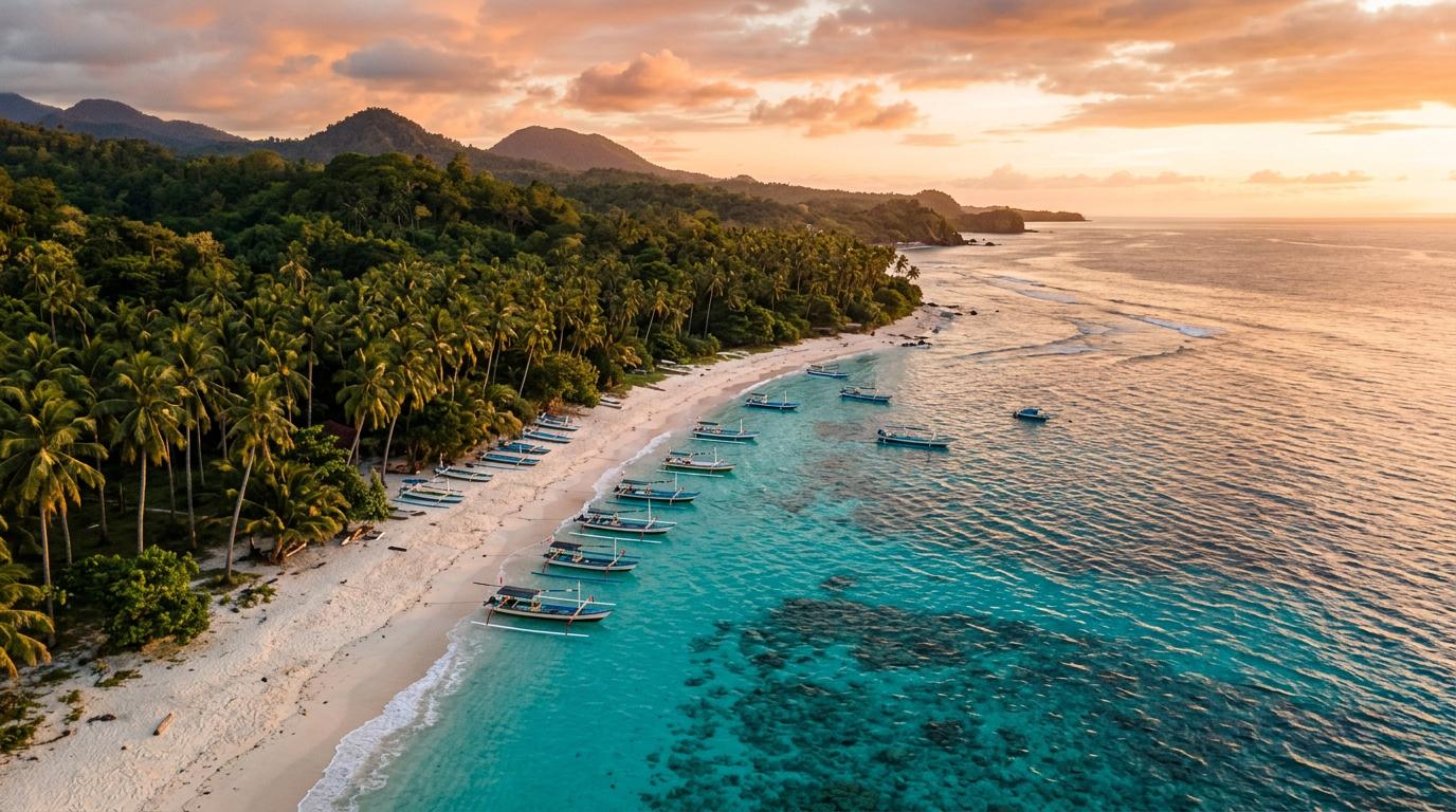 Aerial view of Rote Island tropical coastline at golden hour