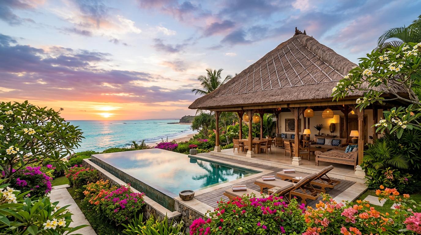 Tropical beachfront villa with infinity pool overlooking turquoise ocean