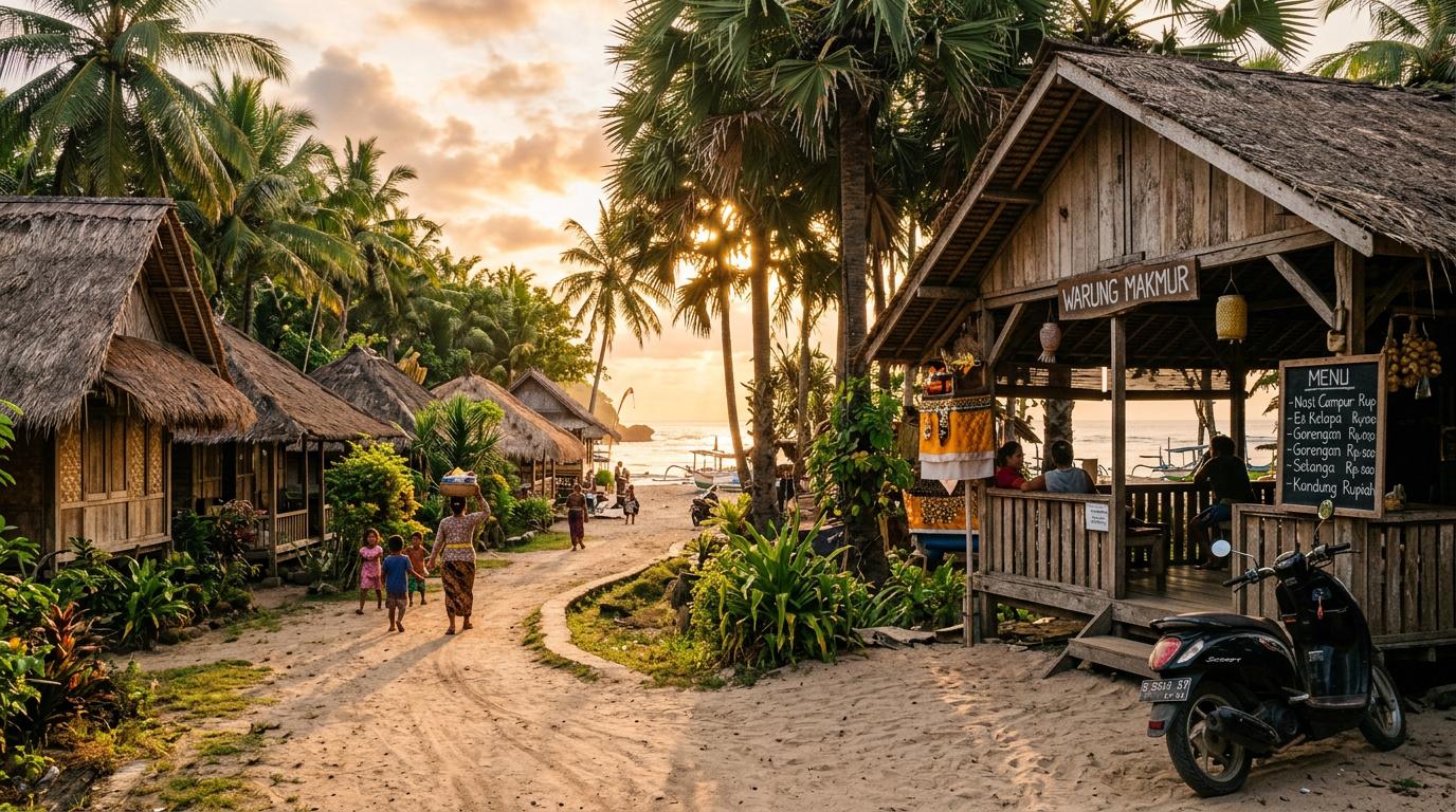 Traditional palm-thatched bungalows along a sandy path in Nemberala village